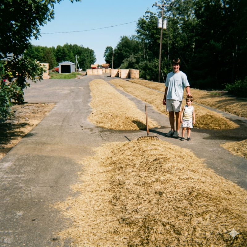 Two people standing on a road with large piles of wild rice.
