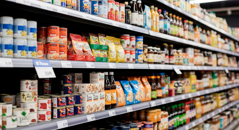 Supermarket shelves stocked with various products including food items and beverages.